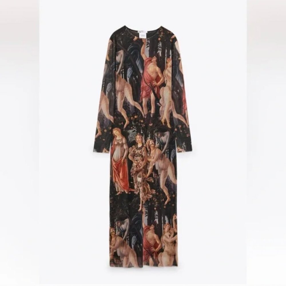 ZARA BOTTICELLI PRINT TULLE DRESS, SIZE Small